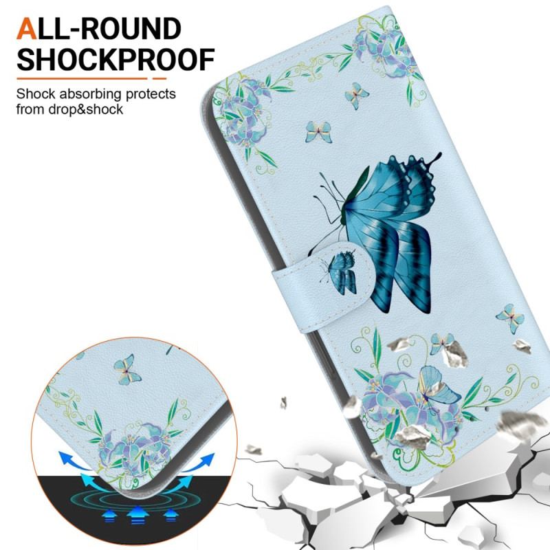 Flip Cover Til Motorola Edge 50 Fusion Blå Sommerfugl Og Blomster Med Rem