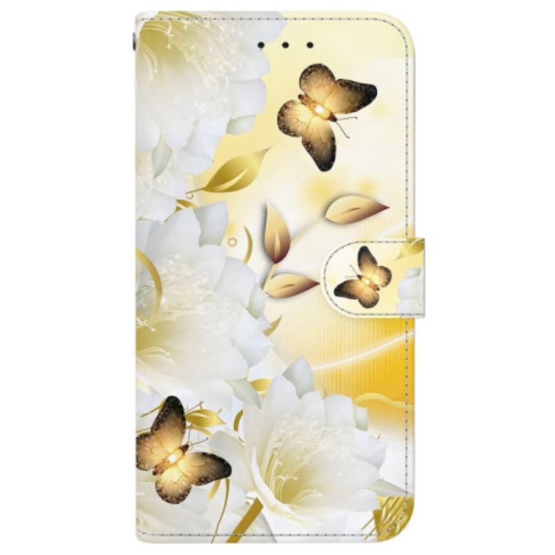 Læder Cover Motorola Edge 50 Fusion Gyldne Sommerfugle Og Hvide Blomster Med Rem