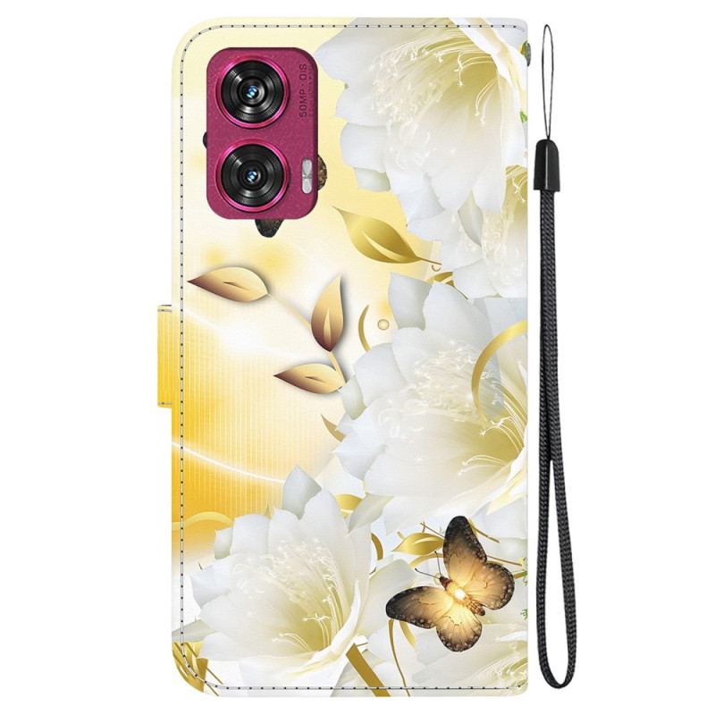 Læder Cover Motorola Edge 50 Fusion Gyldne Sommerfugle Og Hvide Blomster Med Rem