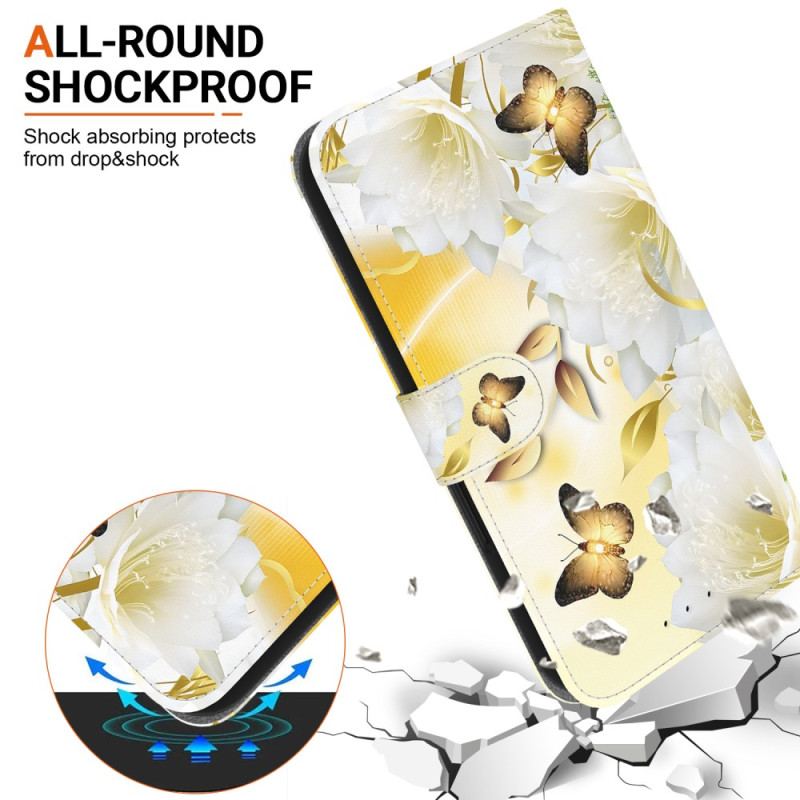 Flip Cover Oppo Reno 12f 5g Gyldne Sommerfugle Og Blomster Med Rem