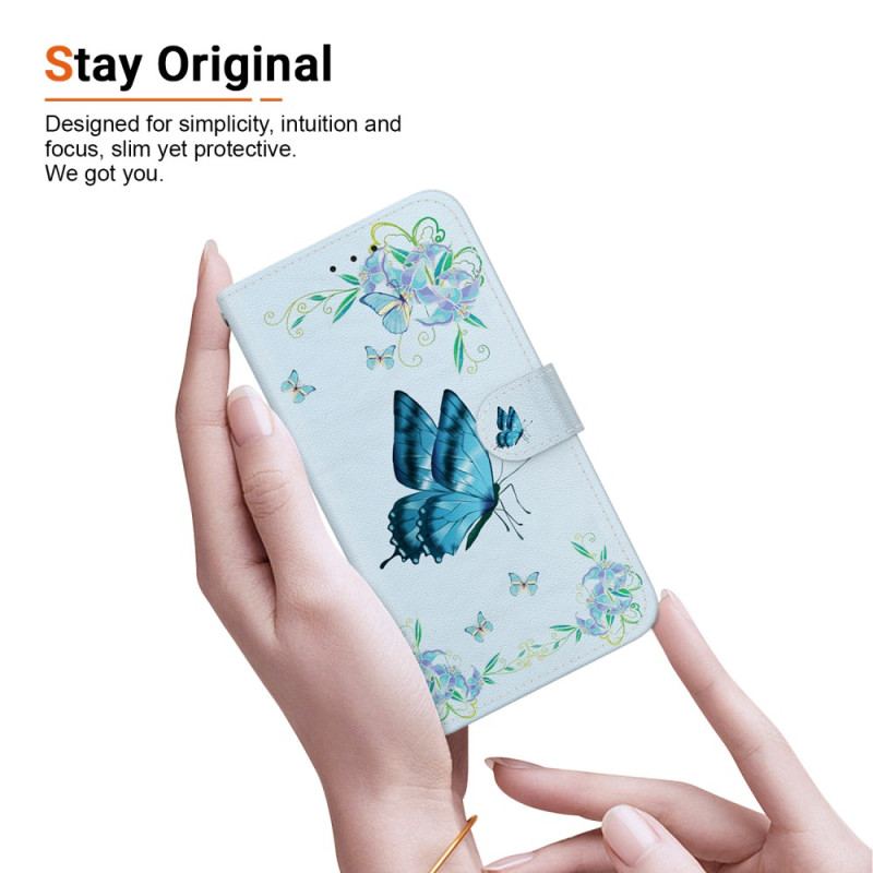 Læder Cover Oppo Reno 12f 5g Telefon Etui Blå Sommerfugl Og Blomster Med Rem