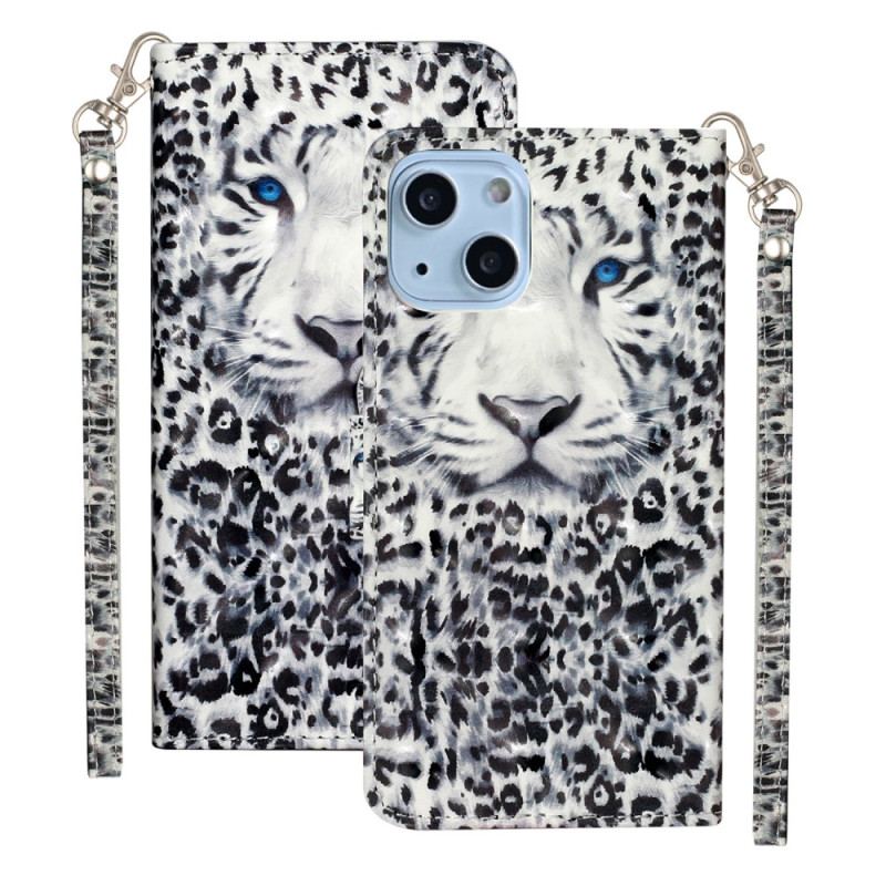 Flip Cover iPhone 15 Plus Med Snor 3d Leopard Med Rem