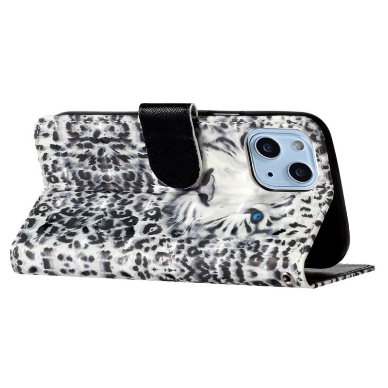 Flip Cover iPhone 15 Plus Med Snor 3d Leopard Med Rem