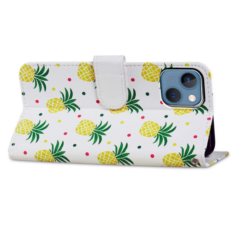 Flip Cover iPhone 15 Plus Med Snor Ananas Med Rem