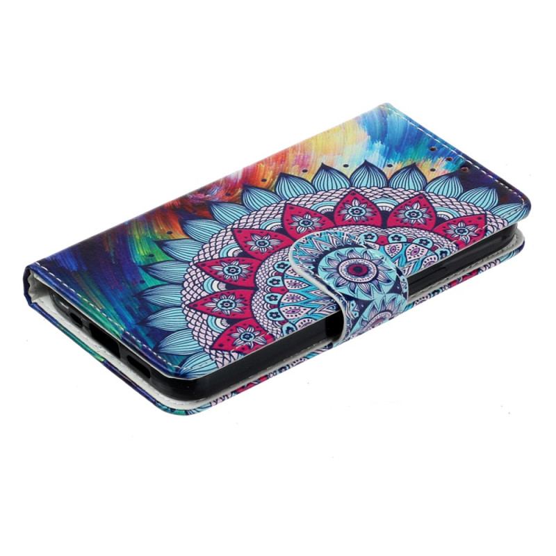 Flip Cover iPhone 15 Plus Med Snor Farverig Mandala Med Rem