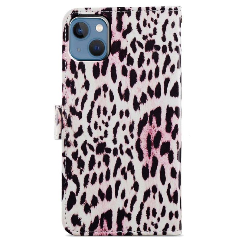 Flip Cover iPhone 15 Plus Med Snor Leopardskindeffekt Med Rem