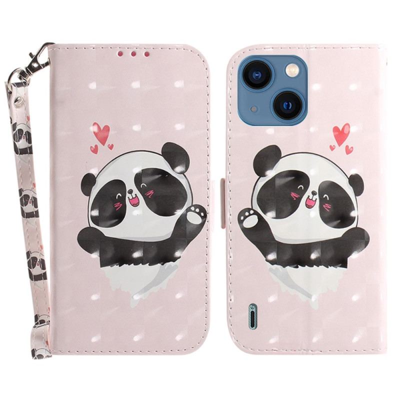 Flip Cover iPhone 15 Plus Med Snor Panda Love Med Rem