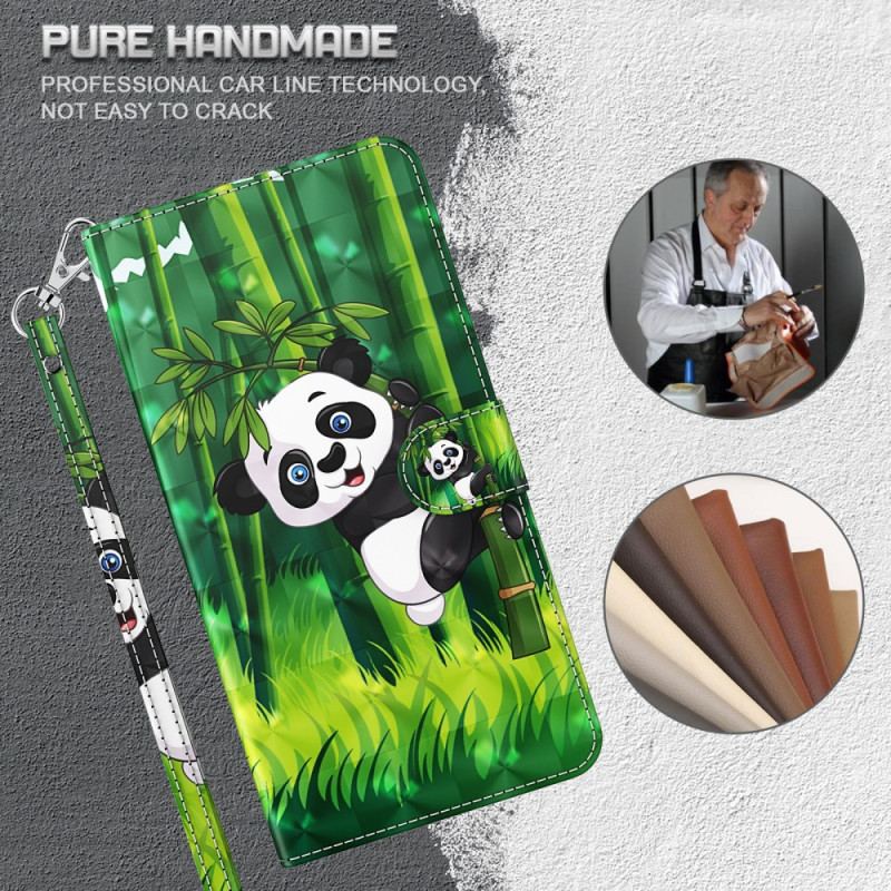 Læder Cover iPhone 15 Plus Med Snor 3d Bambus Panda Med Rem