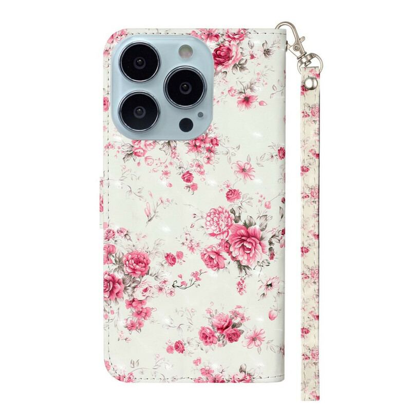 Flip Cover iPhone 13 Pro Max Med Snor Strap Light Spot Flowers