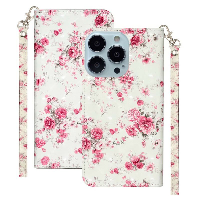 Flip Cover iPhone 13 Pro Max Med Snor Strap Light Spot Flowers