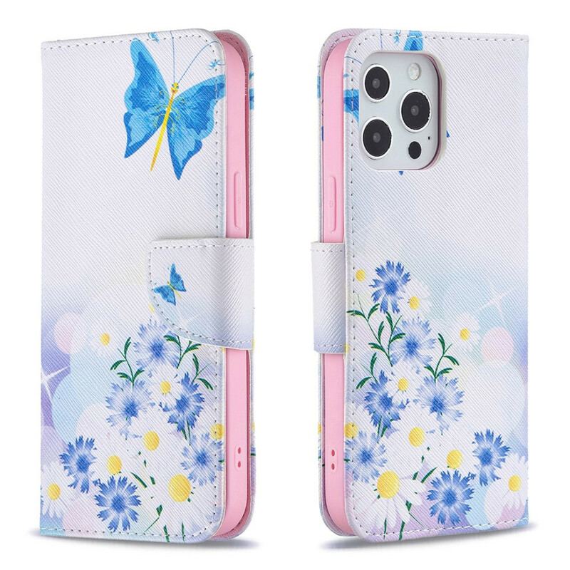 Læder Cover iPhone 13 Pro Max Malede Sommerfugle Og Blomster