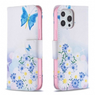 Læder Cover iPhone 13 Pro Max Malede Sommerfugle Og Blomster