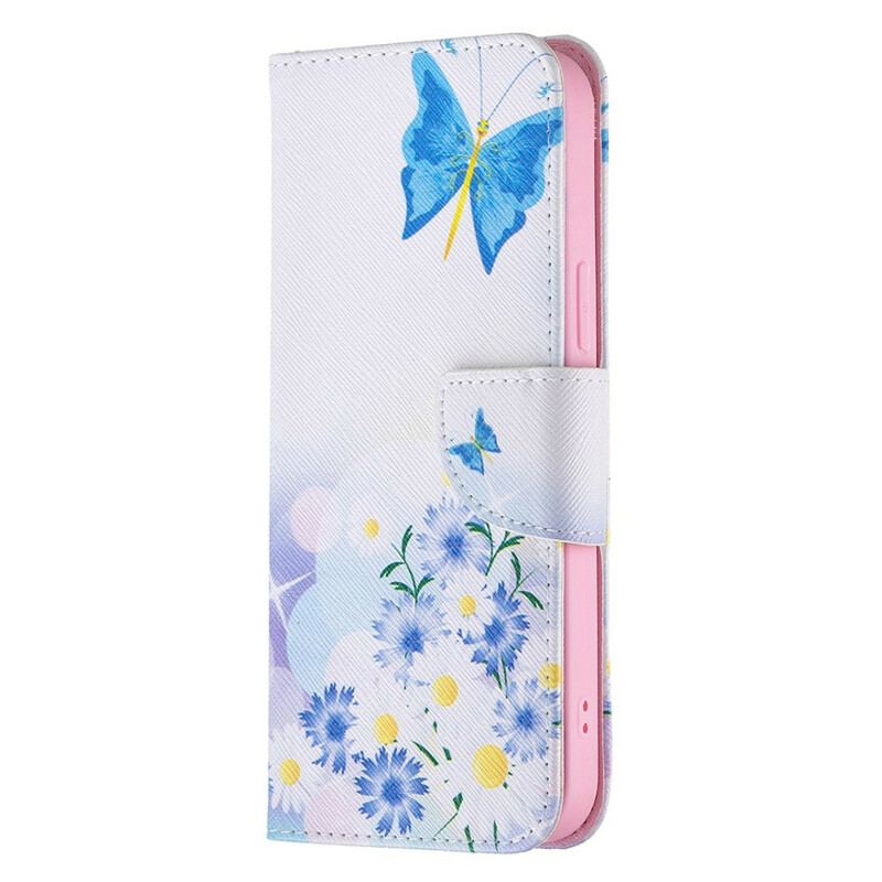 Læder Cover iPhone 13 Pro Max Malede Sommerfugle Og Blomster