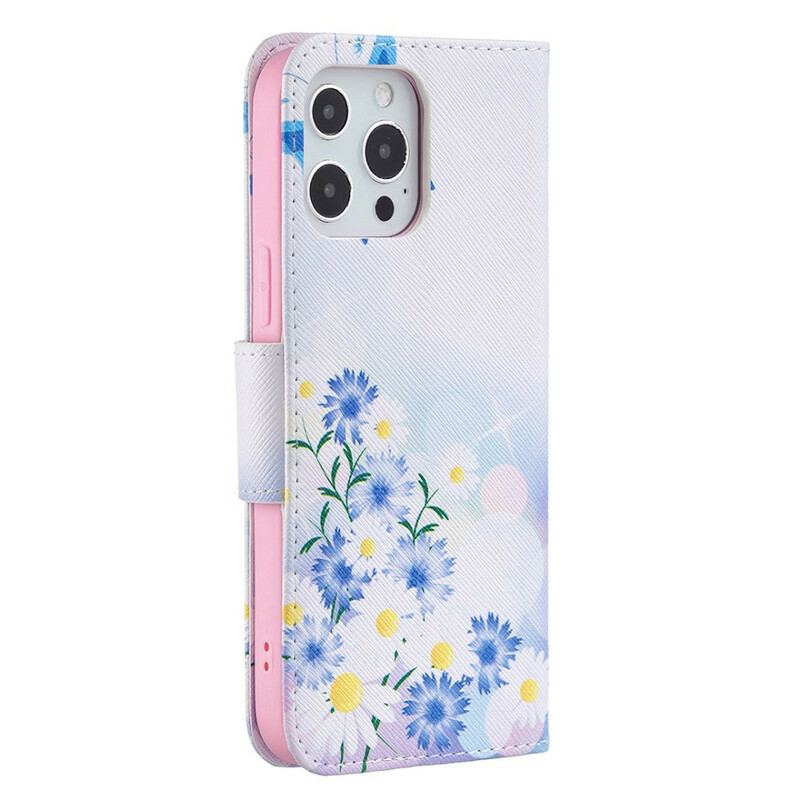 Læder Cover iPhone 13 Pro Max Malede Sommerfugle Og Blomster