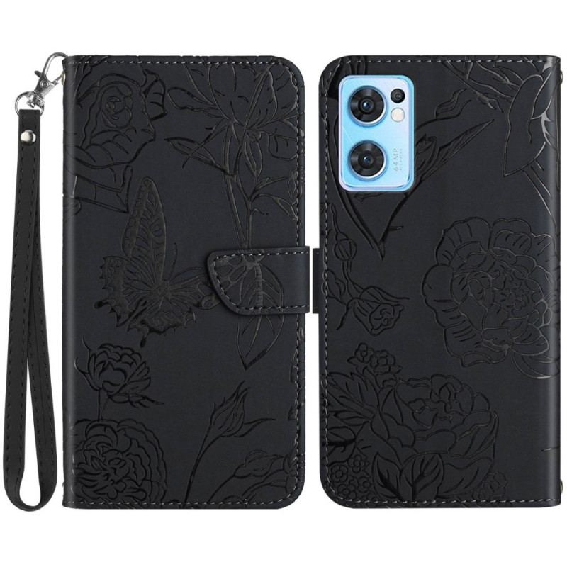 Flip Cover Oppo Find X5 Lite Med Snor Strap Butterflies Print