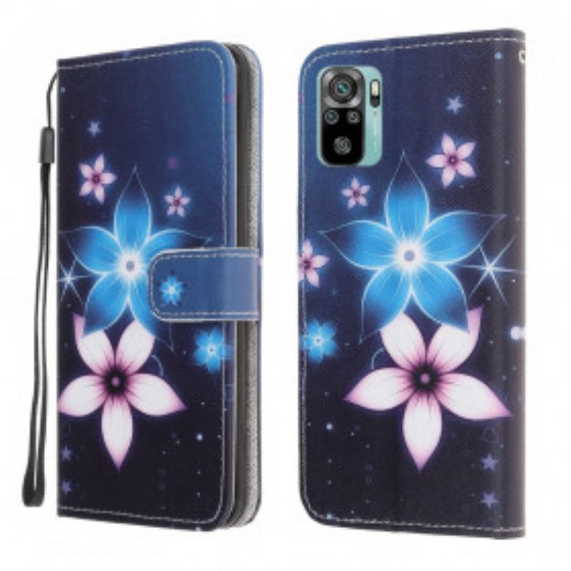 Læder Cover Xiaomi Redmi Note 10 / 10S Med Snor Lunar Strap Blomster