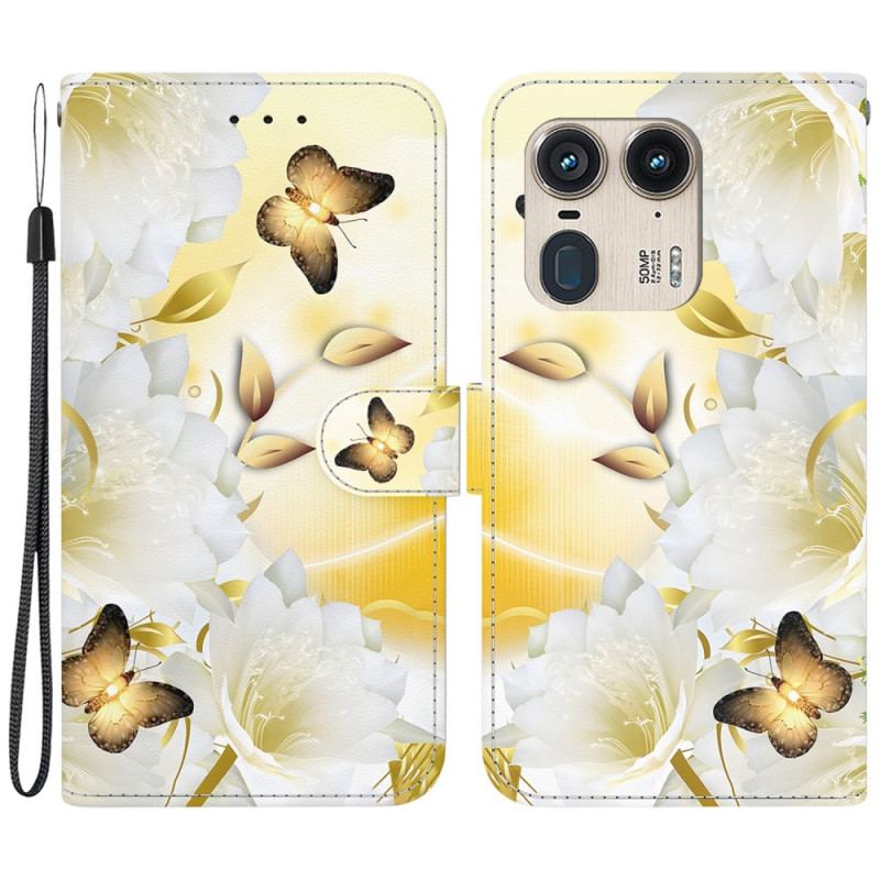 Flip Cover Til Motorola Edge 50 Ultra Gyldne Sommerfugle Og Hvide Blomster Med Rem