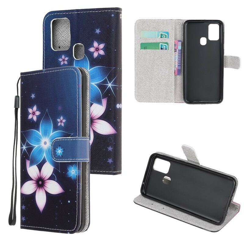 Læder Cover Samsung Galaxy M31 Med Snor Lunar Strap Blomster