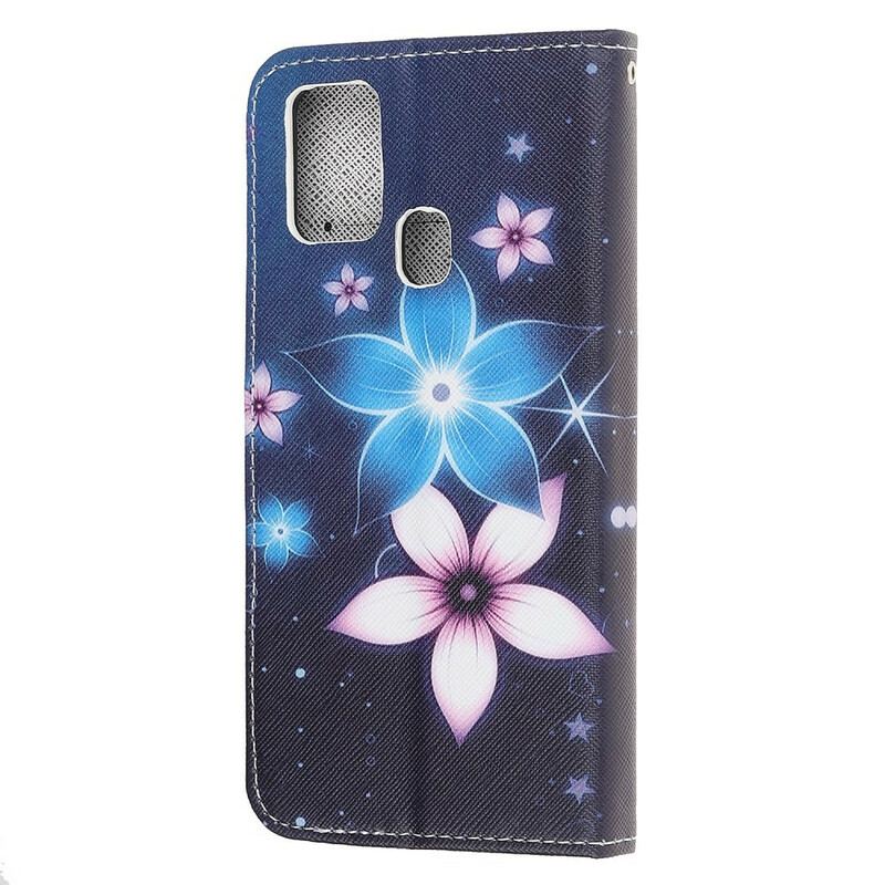 Læder Cover Samsung Galaxy M31 Med Snor Lunar Strap Blomster