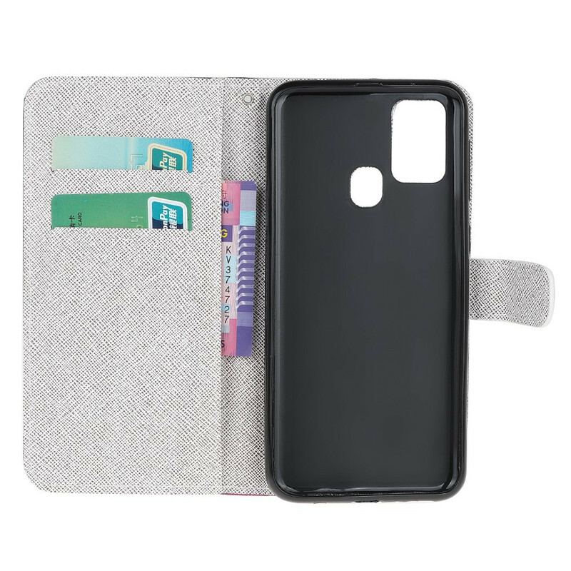 Læder Cover Samsung Galaxy M31 Med Snor Lunar Strap Blomster