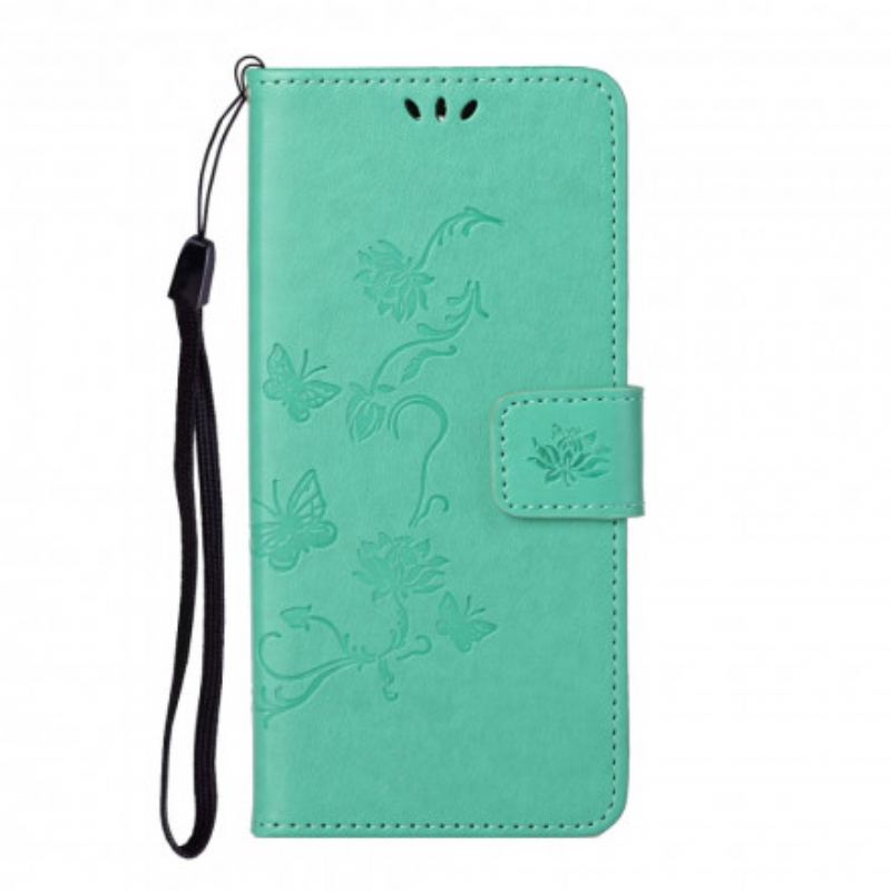 Flip Cover Motorola Edge 20 Med Snor Sommerfugle Og Blomsterrem