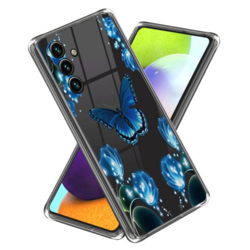 Cover Samsung Galaxy A15 5g Telefon Etui Blå Sommerfugle Og Blomster