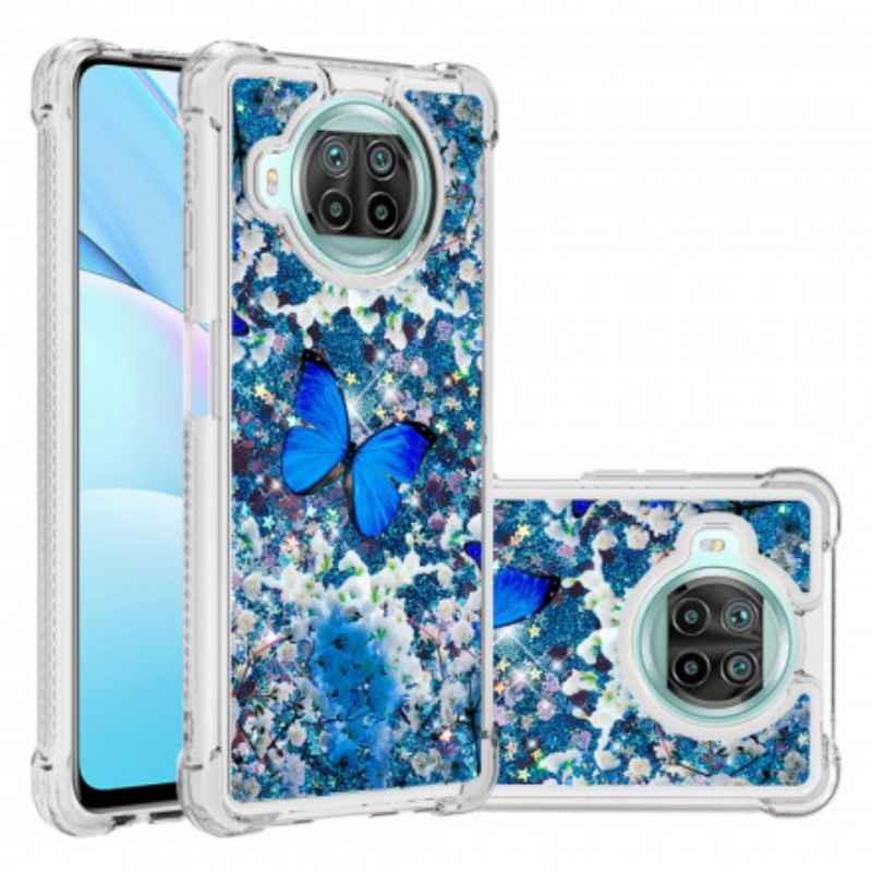 Cover Xiaomi Redmi Note 9 Pro 5G Glitter Blå Sommerfugle