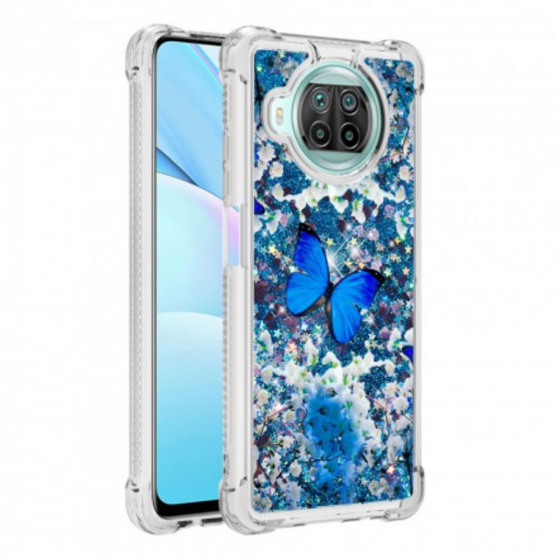 Cover Xiaomi Redmi Note 9 Pro 5G Glitter Blå Sommerfugle