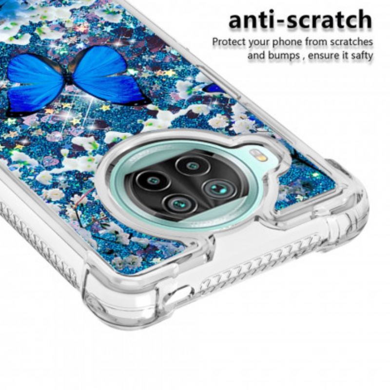 Cover Xiaomi Redmi Note 9 Pro 5G Glitter Blå Sommerfugle