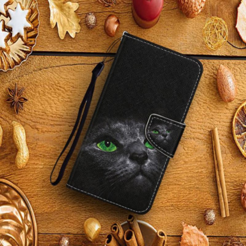 Flip Cover Xiaomi Redmi Note 9 Pro 5G Grønøjet Kat Med Snor