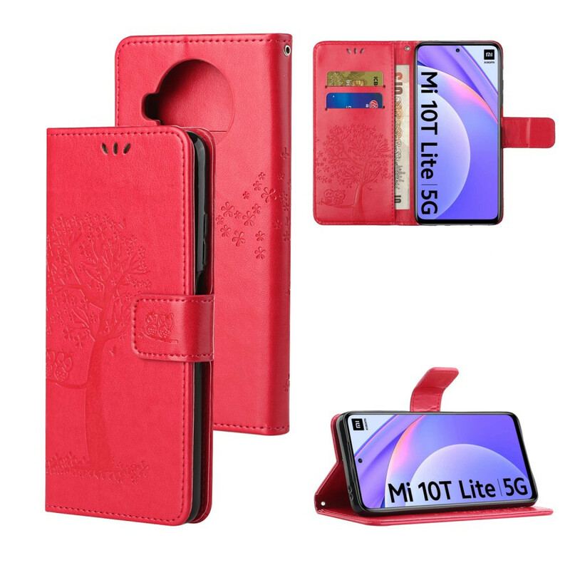 Flip Cover Xiaomi Redmi Note 9 Pro 5G Med Snor Thong Træ Og Ugler