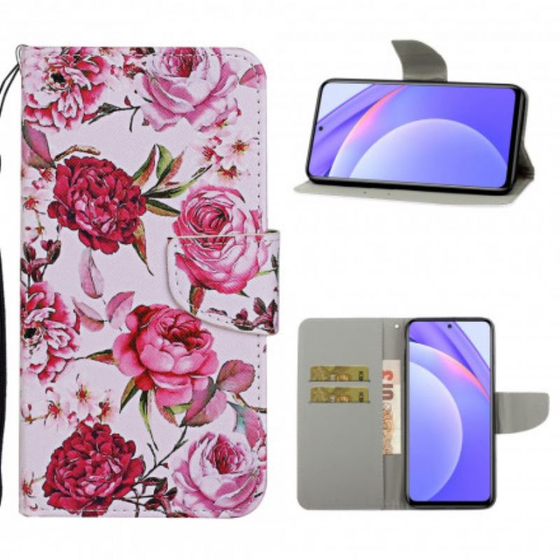 Flip Cover Xiaomi Redmi Note 9 Pro 5G Mesterlige Blomster Med Rem