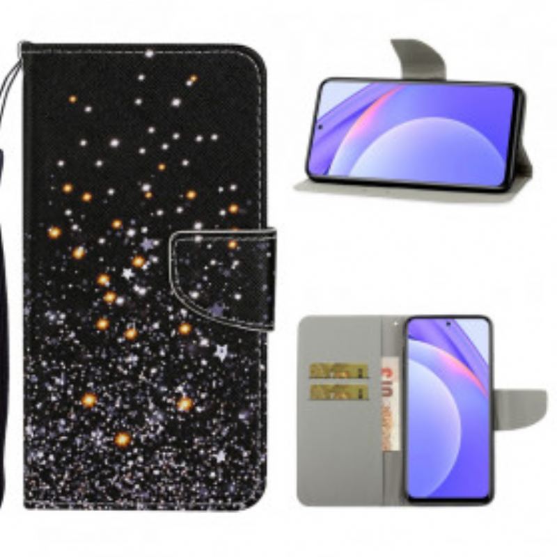 Flip Cover Xiaomi Redmi Note 9 Pro 5G Stjerner Og Pailletter Med Snor