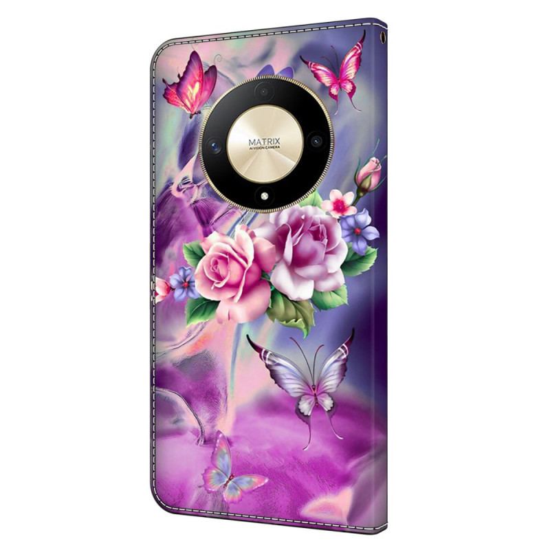 Flip Cover Honor X9b / Magic 6 Lite Sommerfugle Og Lilla Blomster