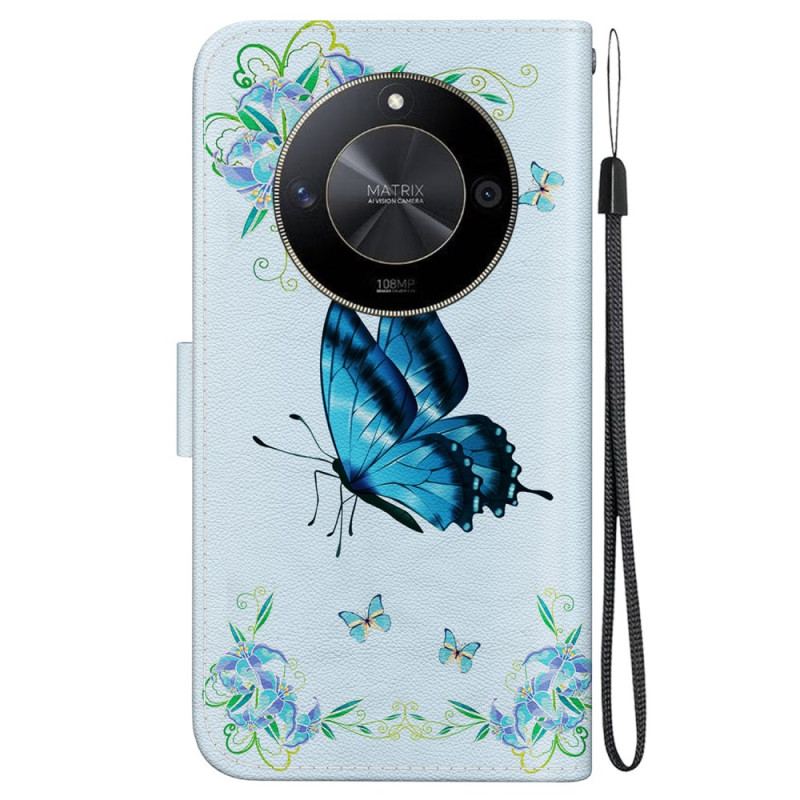 Læder Cover Honor X9b / Magic 6 Lite Telefon Etui Blå Sommerfugle Og Blomster