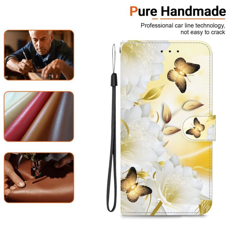 Læder Cover Honor X9b / Magic 6 Lite Telefon Etui Gyldne Sommerfugle Og Hvide Blomster Med Rem