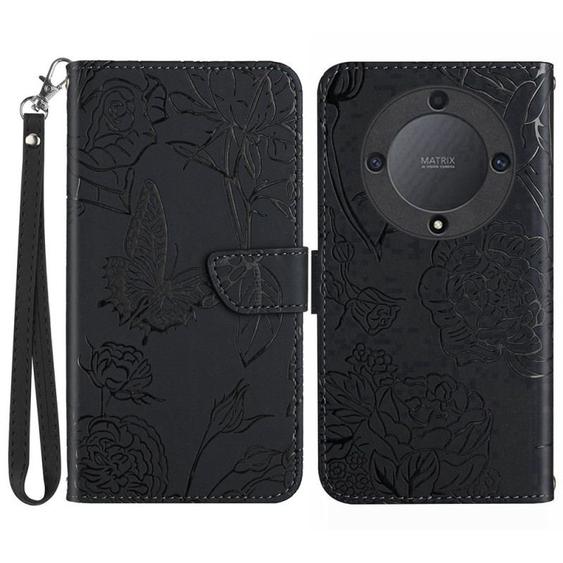 Læder Cover Honor X9b / Magic 6 Lite Telefon Etui Sommerfugletryk Med Rem