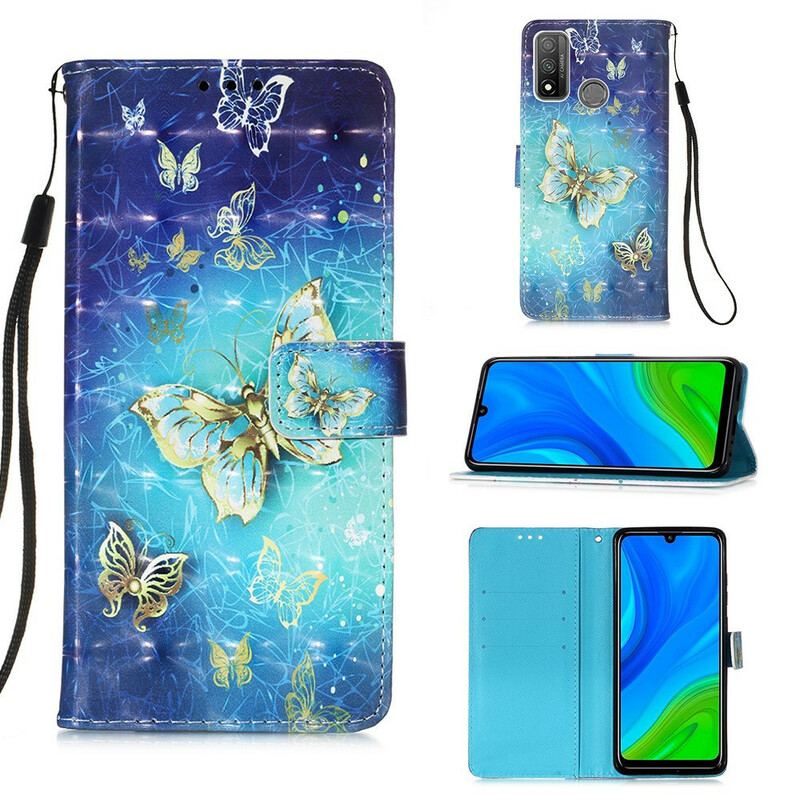 Flip Cover Huawei P Smart 2020 Med Snor Gyldne Sommerfugle Med Rem