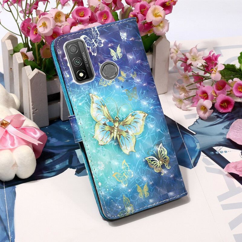 Flip Cover Huawei P Smart 2020 Med Snor Gyldne Sommerfugle Med Rem