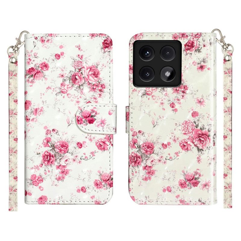 Flip Cover Til Xiaomi 14t Lyserøde Blomster Med Rem