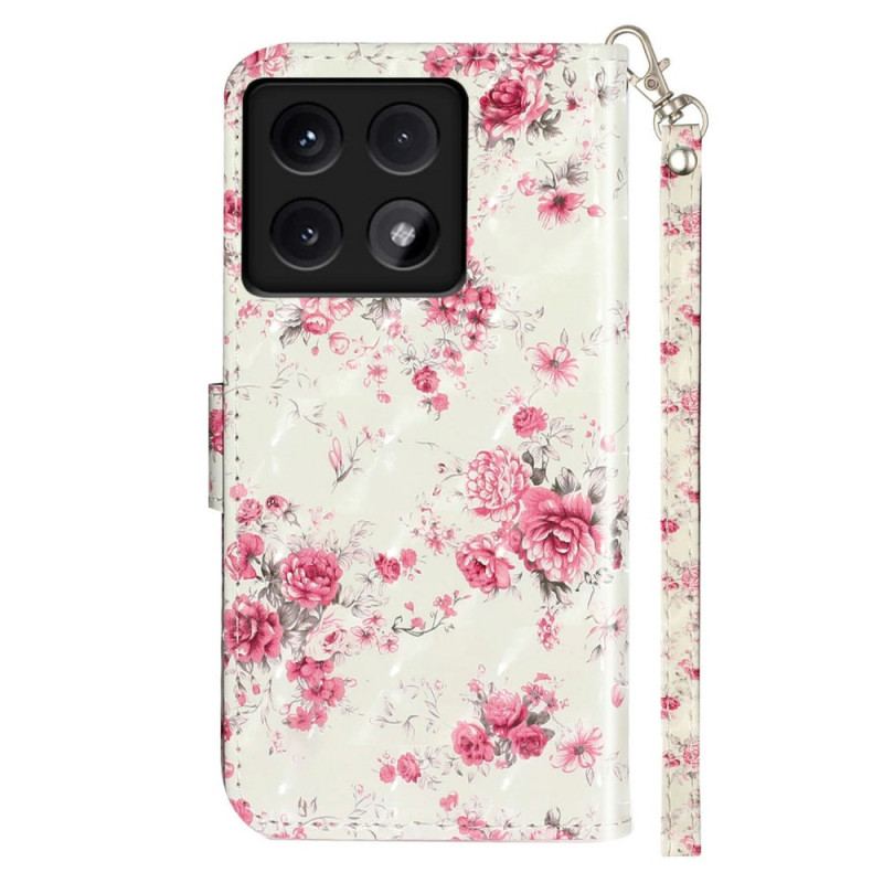 Flip Cover Til Xiaomi 14t Lyserøde Blomster Med Rem