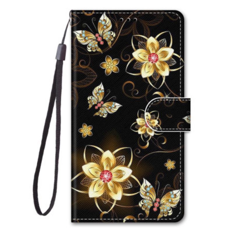 Flip Cover Xiaomi Redmi 10A Med Snor Guld Rem Blomster