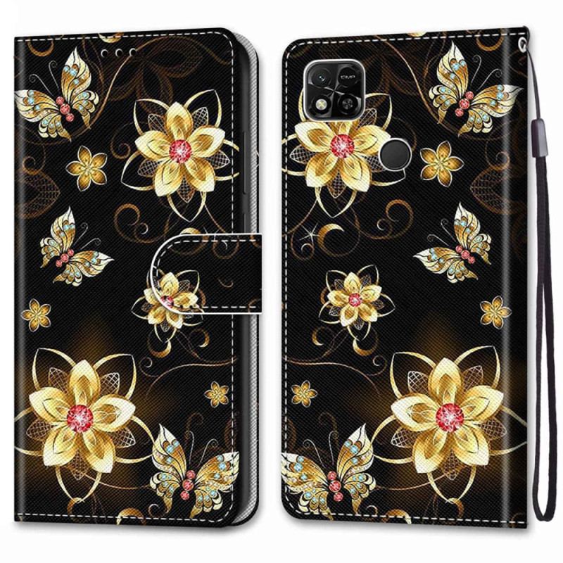 Flip Cover Xiaomi Redmi 10A Med Snor Guld Rem Blomster