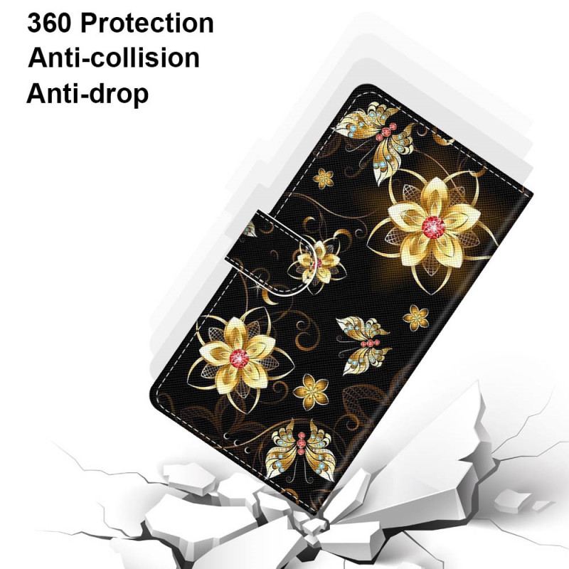 Flip Cover Xiaomi Redmi 10A Med Snor Guld Rem Blomster