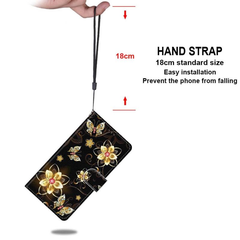 Flip Cover Xiaomi Redmi 10A Med Snor Guld Rem Blomster