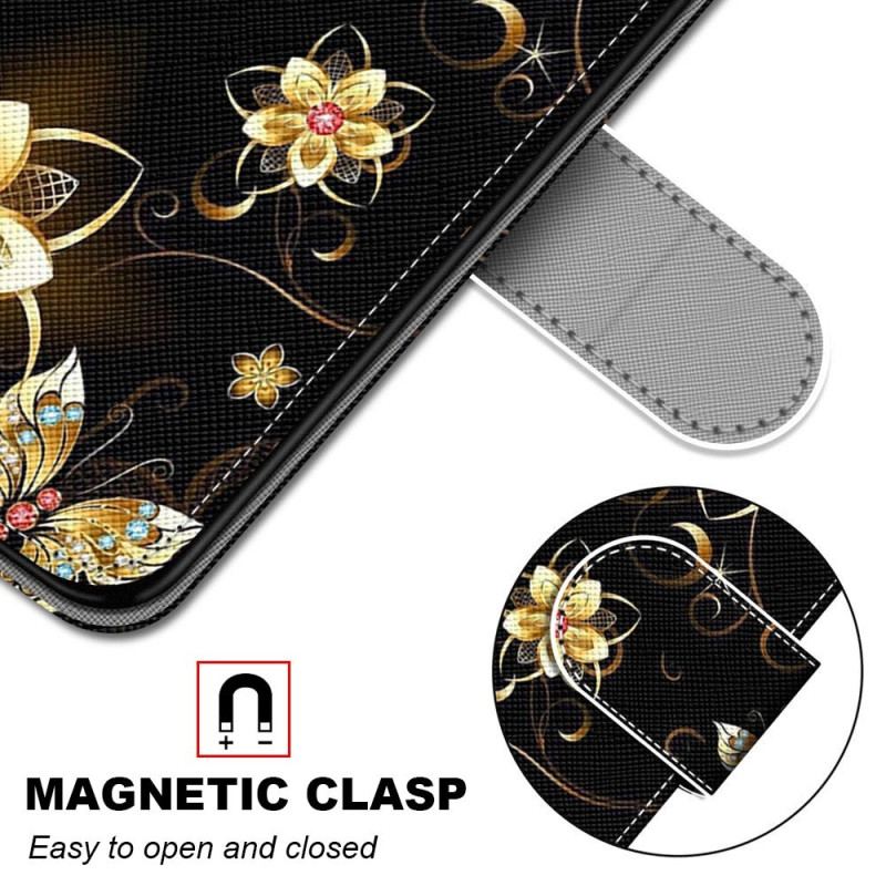 Flip Cover Xiaomi Redmi 10A Med Snor Guld Rem Blomster