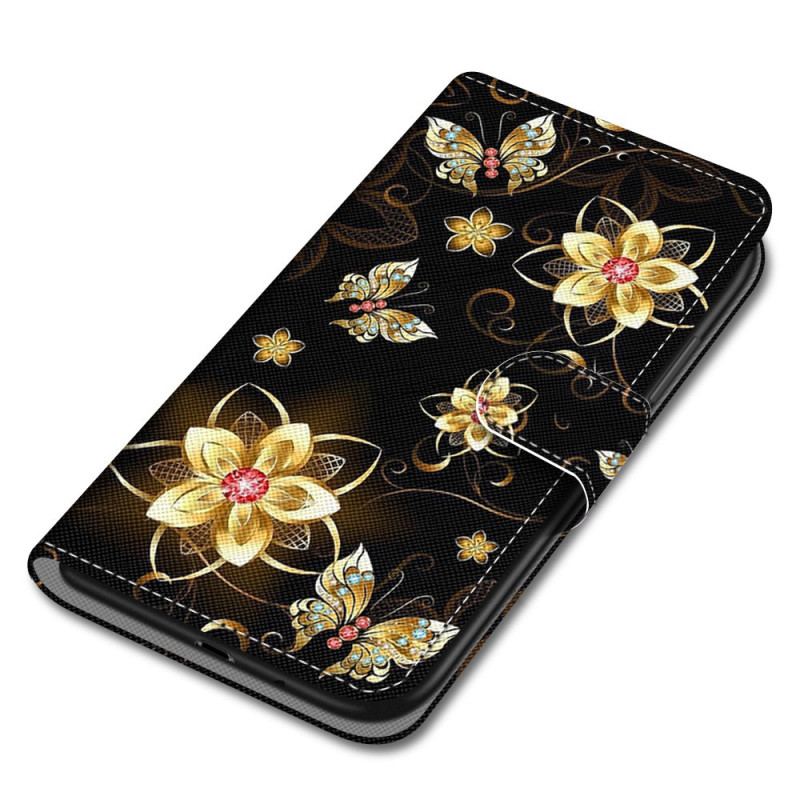 Flip Cover Xiaomi Redmi 10A Med Snor Guld Rem Blomster