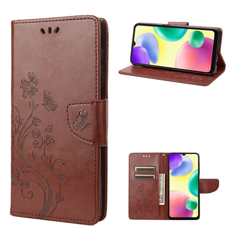 Flip Cover Xiaomi Redmi 10A Med Snor Sommerfugle Og Blomsterrem