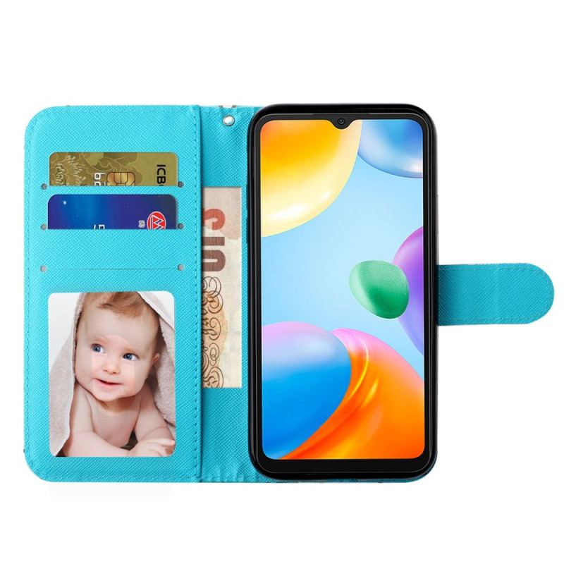 Flip Cover Xiaomi Redmi 10A Med Snor Sommerfugle På Blå Thong Baggrund
