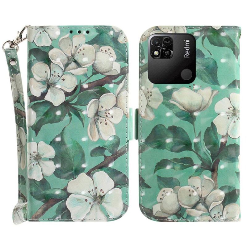 Flip Cover Xiaomi Redmi 10A Med Snor Strappy Hvide Blomster